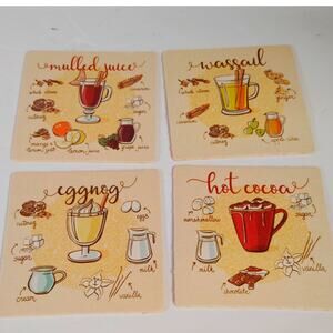 VTG‑Style Winter Recipe Drink Coasters Set of 4 Holiday Cocoa Eggnog NEW
